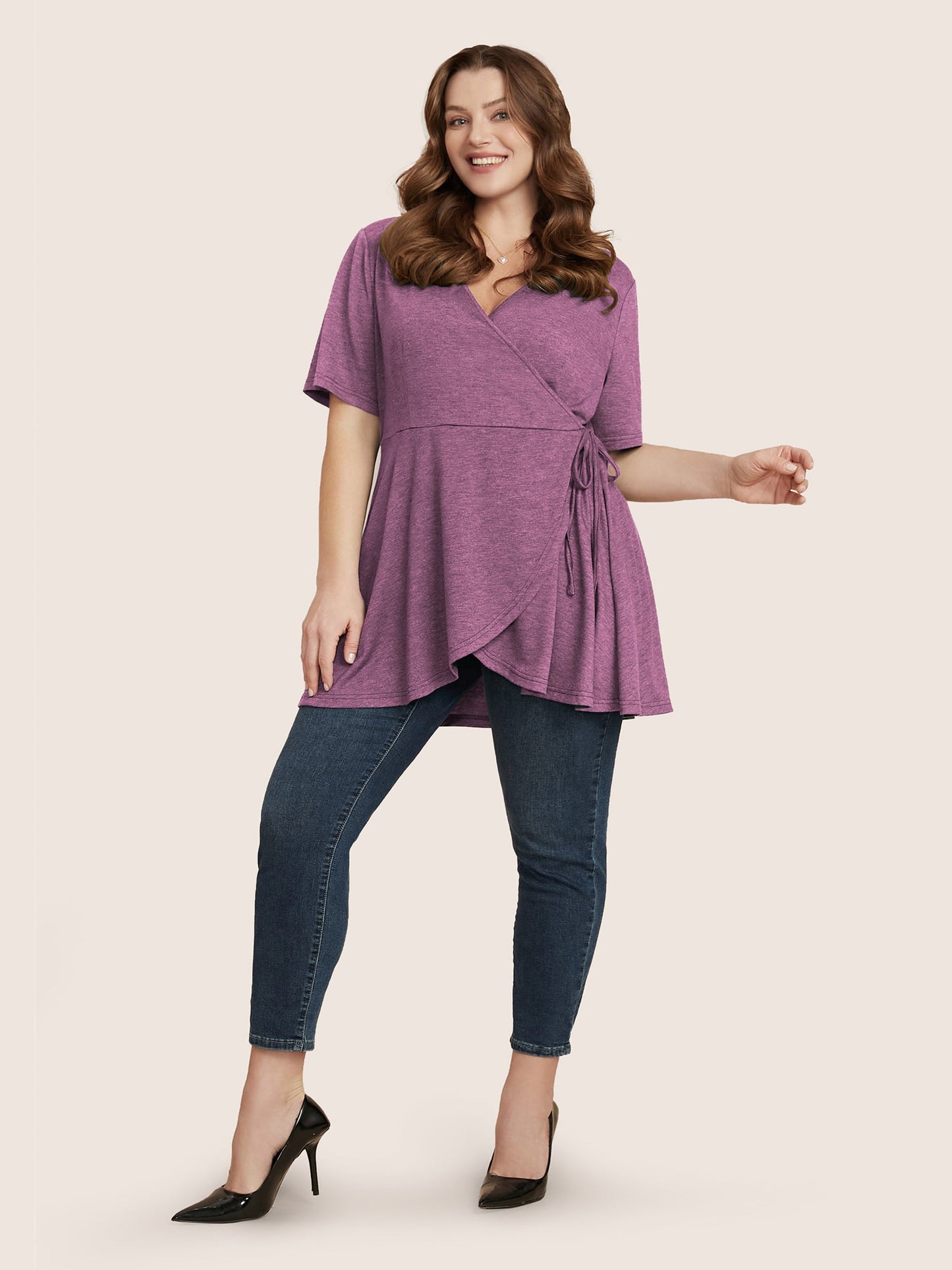 Plain Surplice Neck Tie Side Asymmetrical Hem T-shirt