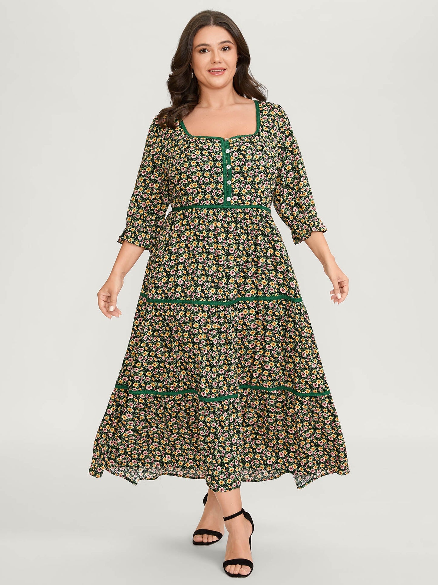 Dense Floral Print Stretchy Waist Maxi Dress