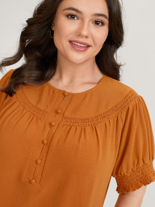 Shirred Cuff Sleeve Button Detail Blouse