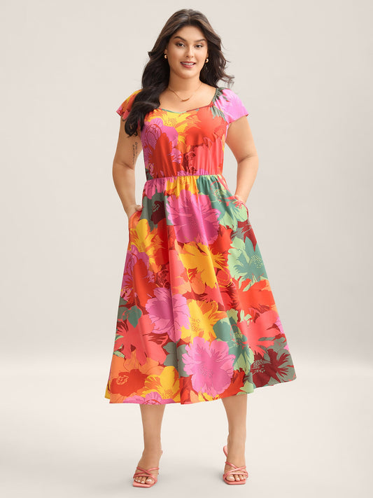 Colorful Large Flower Print Pockets Midi Dress