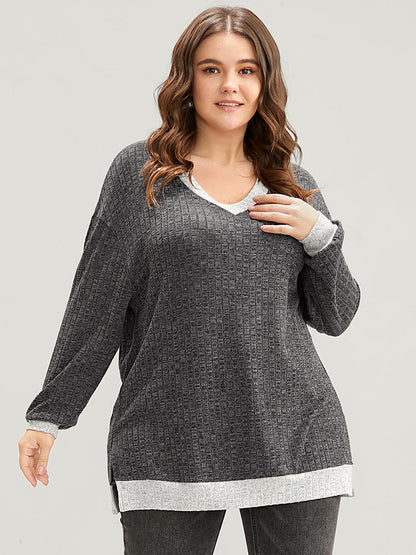 Contrast Trim Split Hem Textured V Neck Sweatshirt