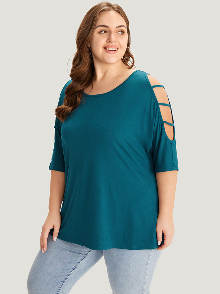 Solid Cut Out Round Neck Dolman Sleeve T-shirt