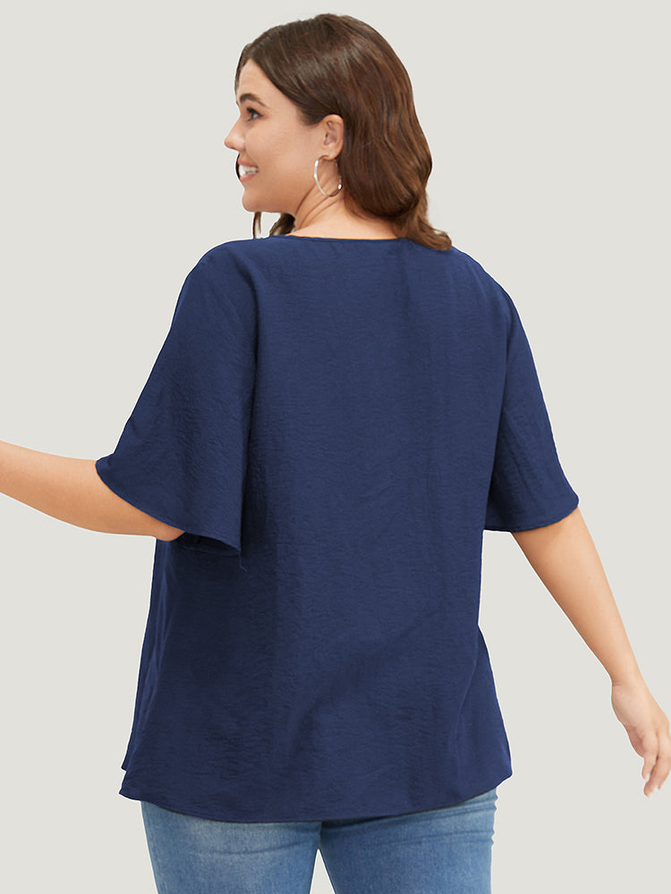 Plain Contrast Tape Keyhole Neck Ruffle Sleeve Blouse