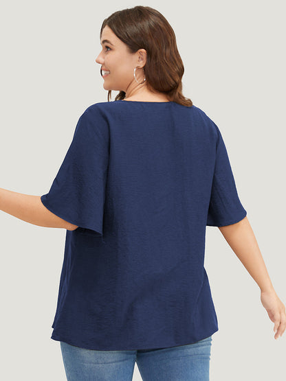 Plain Contrast Tape Keyhole Neck Ruffle Sleeve Blouse