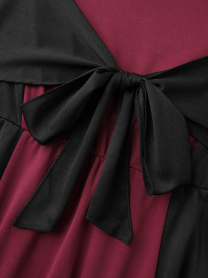 Contrast Stretchy Cinched-Waist Midi Dress