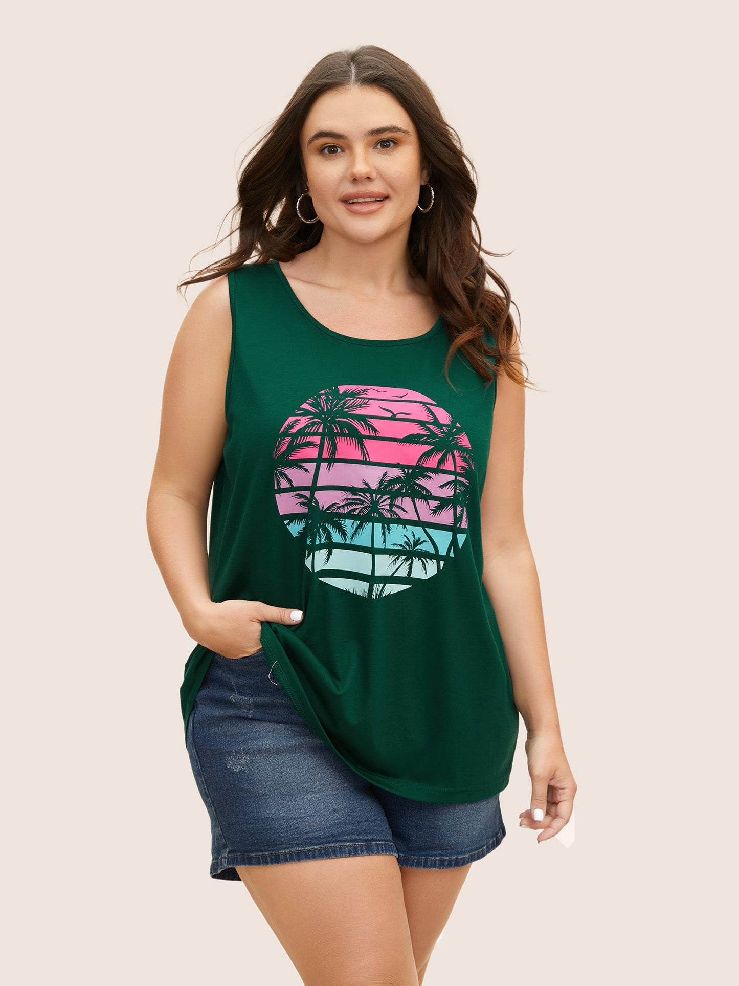 Tropical Vacation Print Crew Neck Tank Top