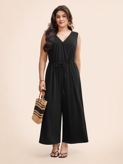Solid Overlap Collar Drawstring Jumpsuit