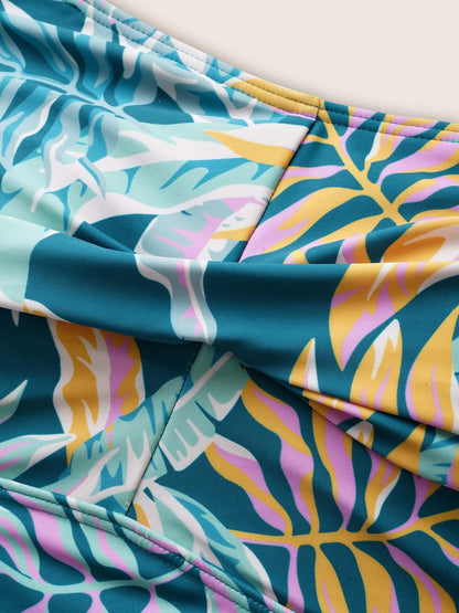 Heart Neckline Tropical Print Twist Front Swim Dress