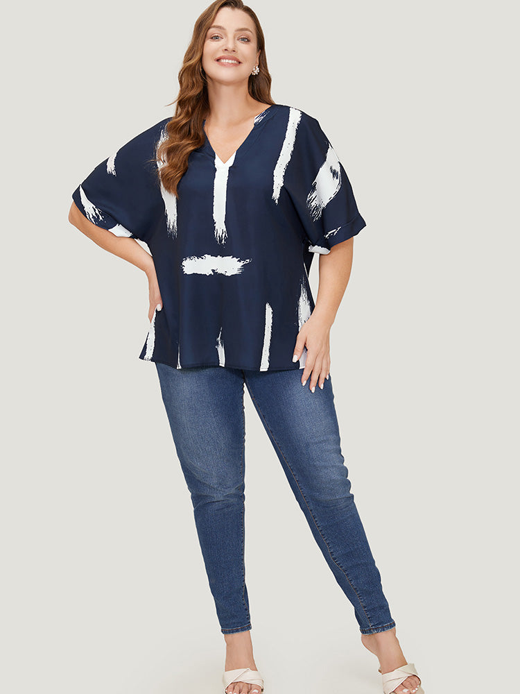 Brush Print Rolll Batwing Sleeve Blouse