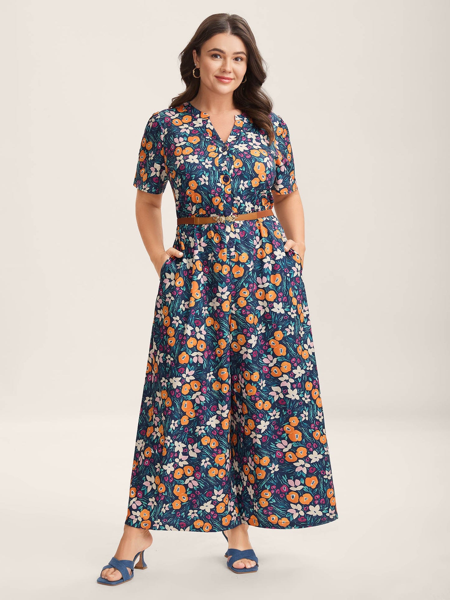 Abstract Floral Print Button Jumpsuit