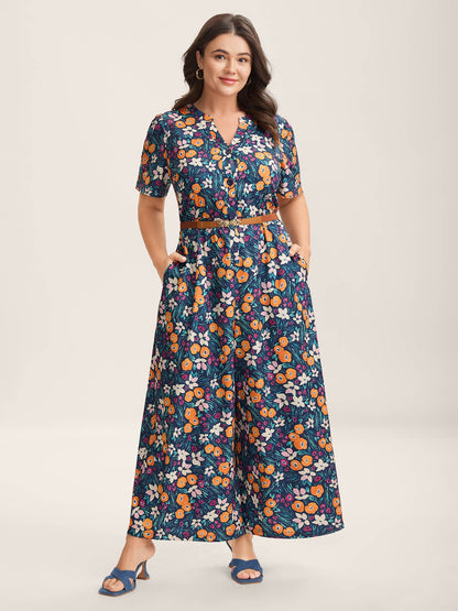 Abstract Floral Print Button Jumpsuit