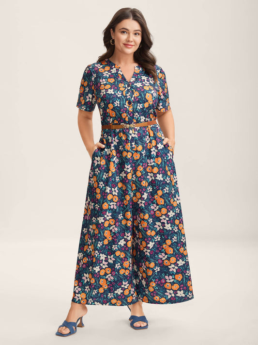 Abstract Floral Print Button Jumpsuit