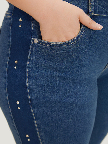 Pearl Beaded Patchwork Medium Wash Jeans