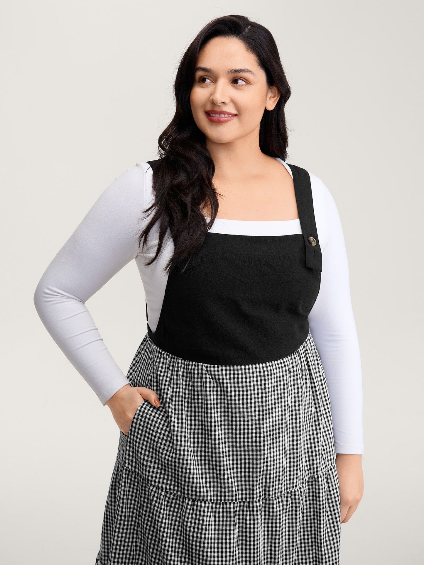 Cotton Gingham Patchwork Overall Strap Midi Dress