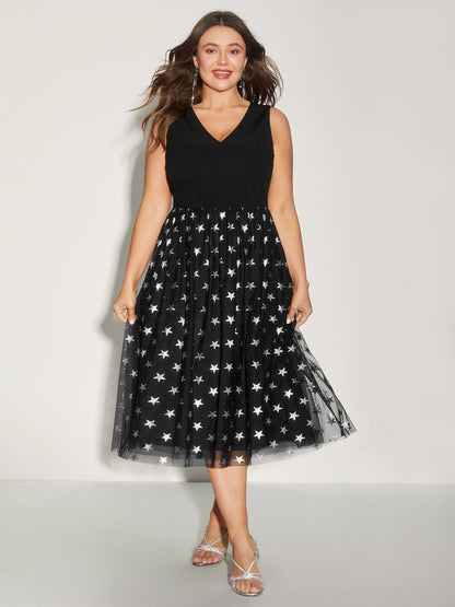 Sequins Star Print V-Neck Midi Dress