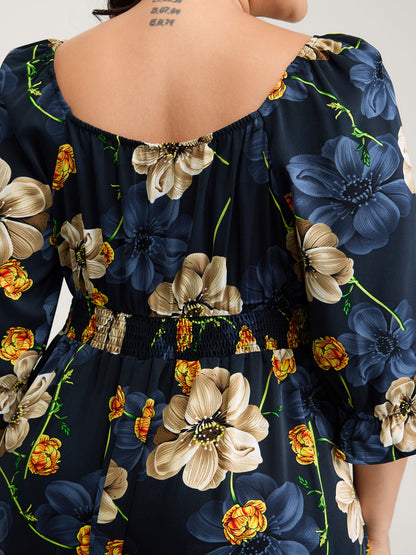 Floral Print Triangular Waist Cinched Midi Dress