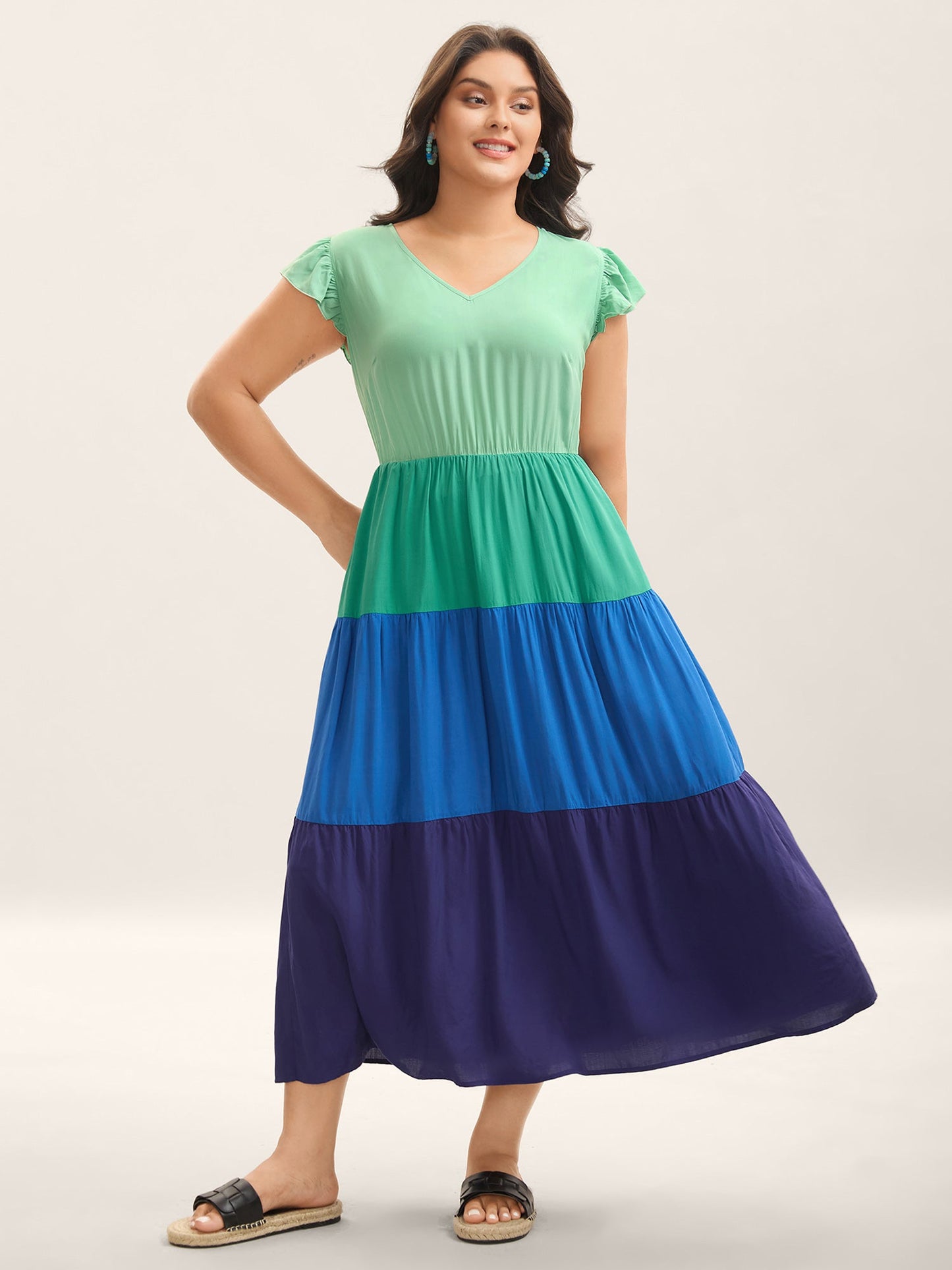 Color Block Flutter Sleeve Pockets Midi Dress