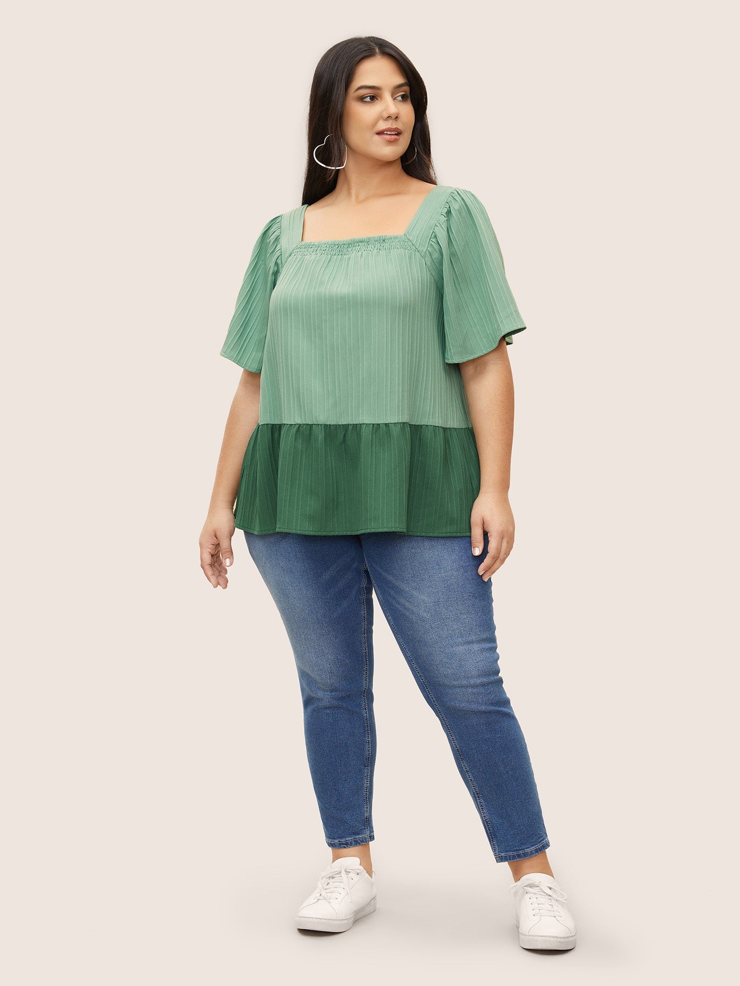Two Tone Textured Shirred Patchwork Ruffles Hem Blouse