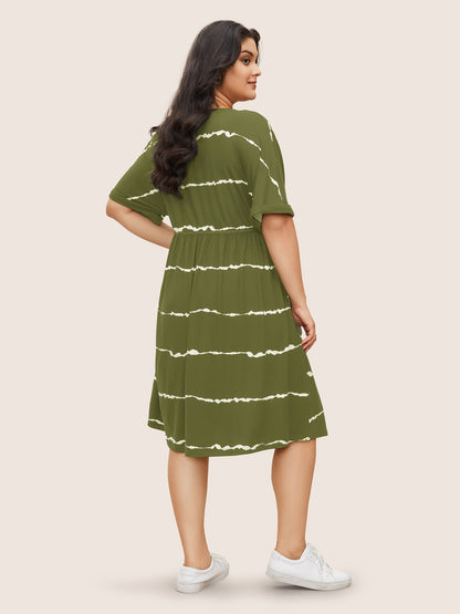 Tie Dye Roll Dolman Sleeve Pocket Gathered Knot Striped Dress