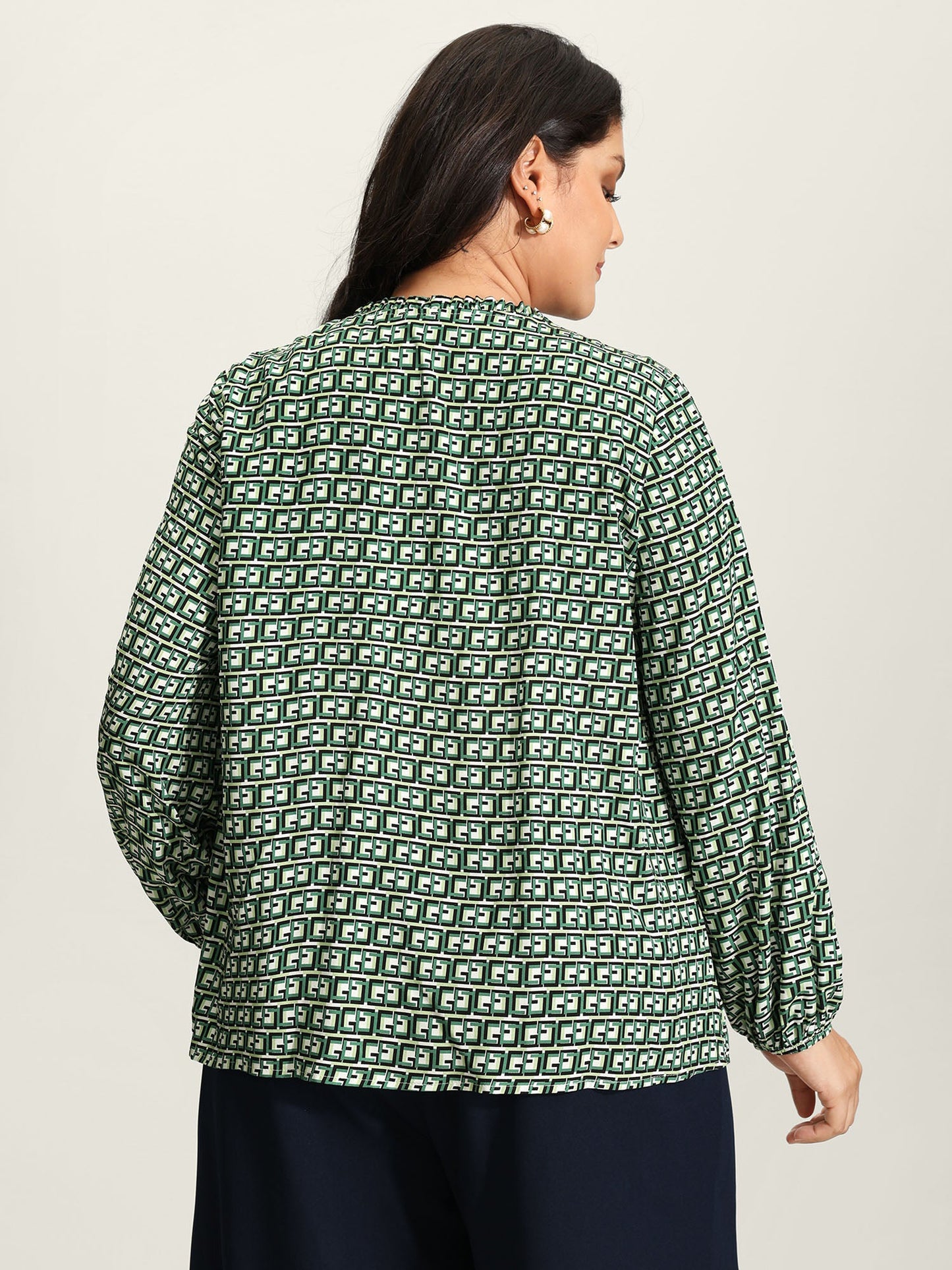 Geometric Print Neck-Tie Relaxed-Fit Blouse