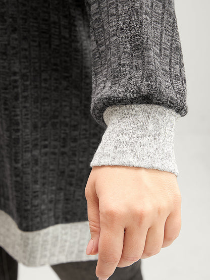 Contrast Trim Split Hem Textured V Neck Sweatshirt