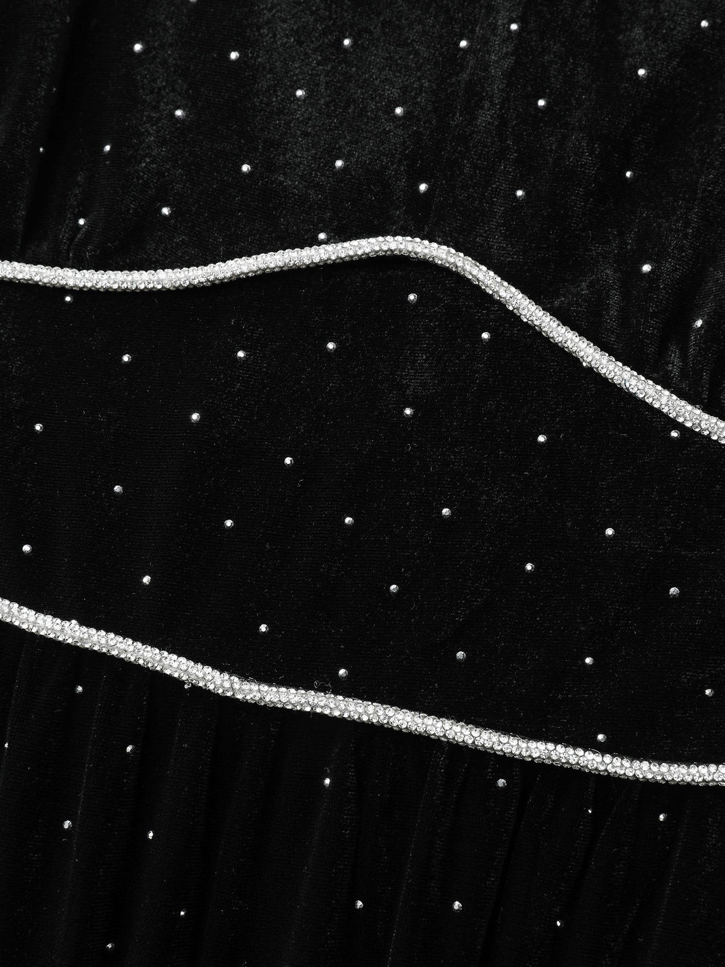 Velvet Rhinestone Cinched-Waist Pockets Midi Dress
