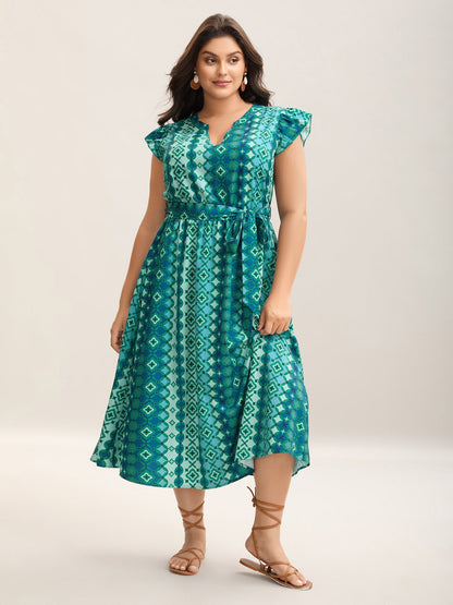 Boho Vacation Print Belted Notched Midi Dress