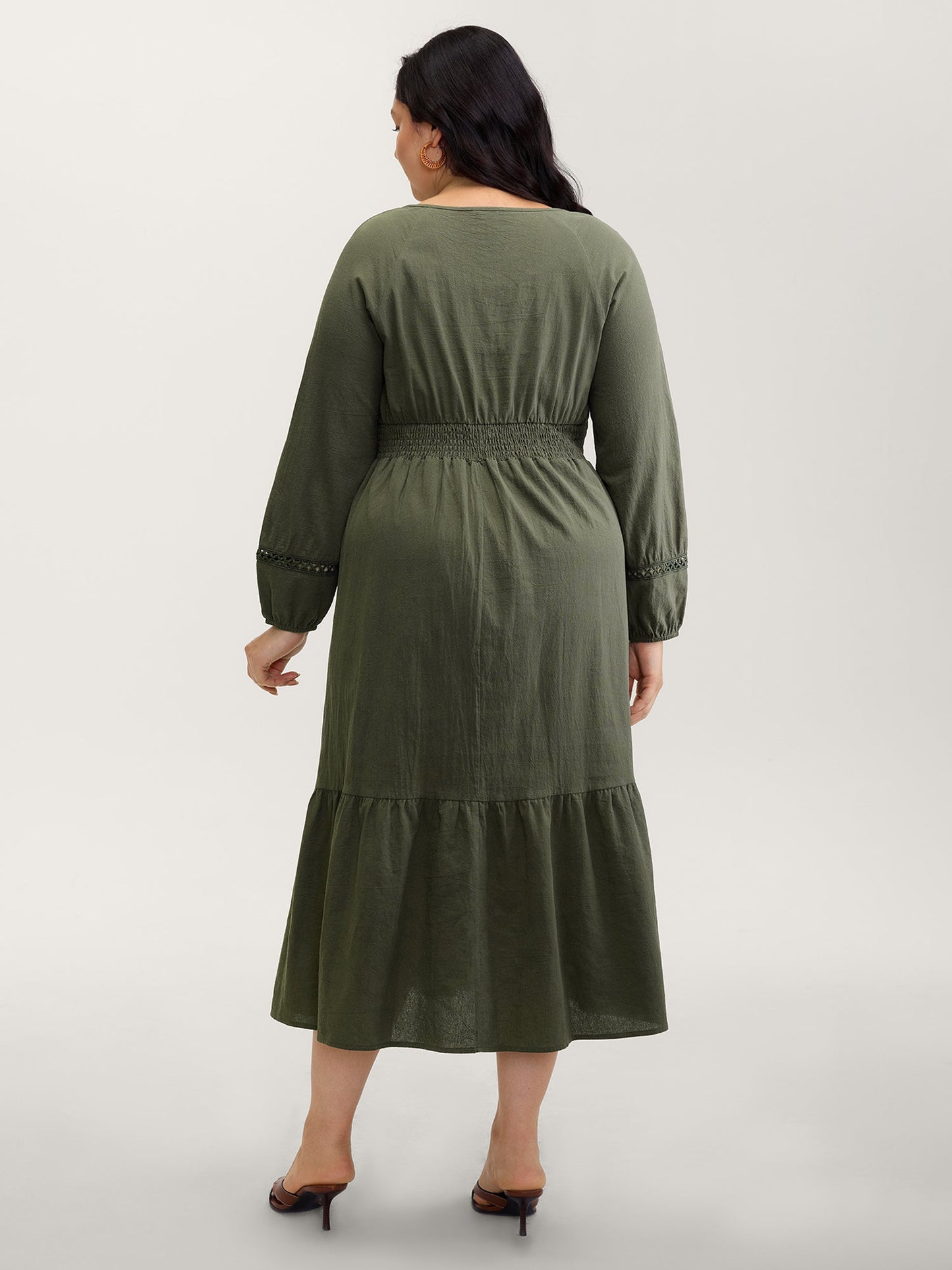 Cotton Pockets Shirred Waist Tiered Maxi Dress