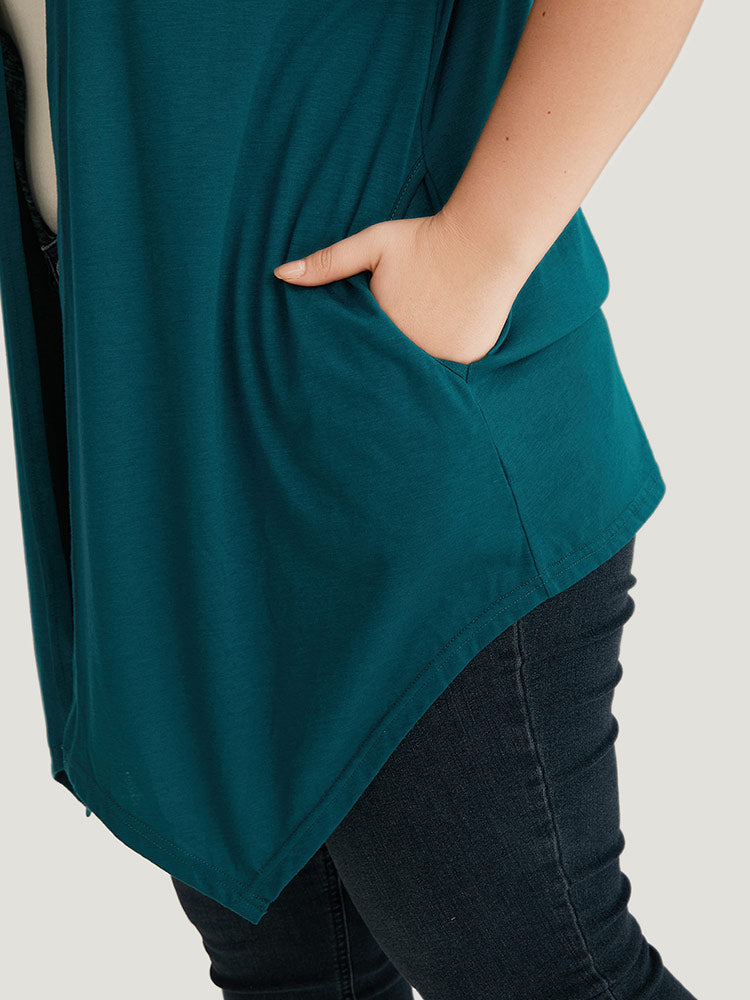 Plain Open Front Pocket Asymmetrical Hem Kimono