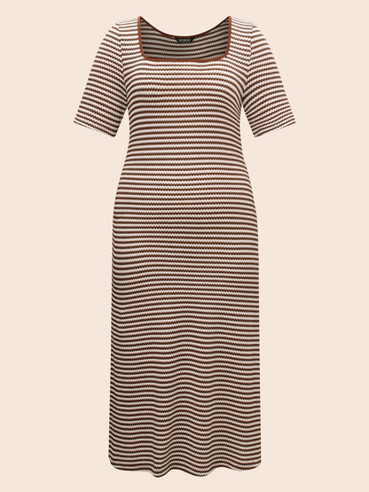 Striped Textured Square Neck Midi Dress