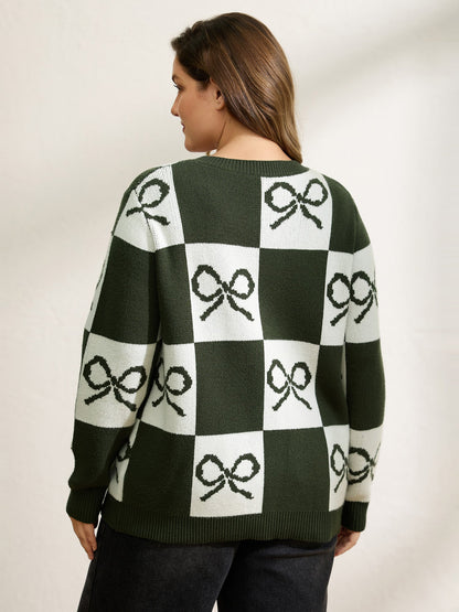 Checkered Bowknot Contrast Knit Cardigan