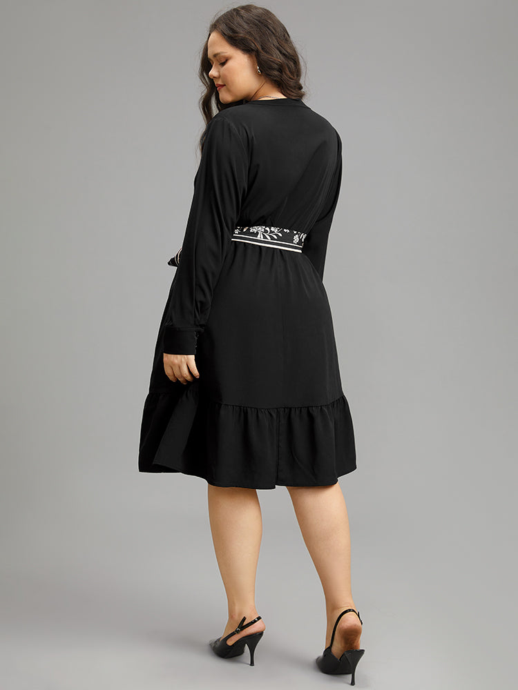 Anti-Wrinkle Floral Print Belted Notched Dress