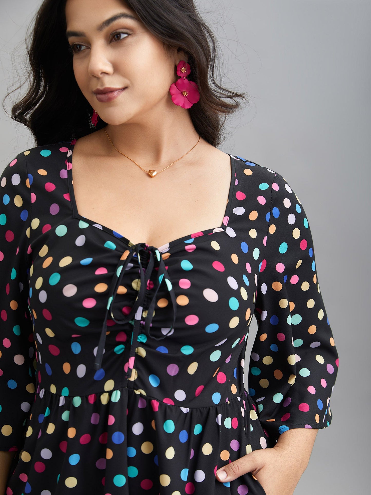 Multi-Color Dots Sweetheart Neckline Midi Dress