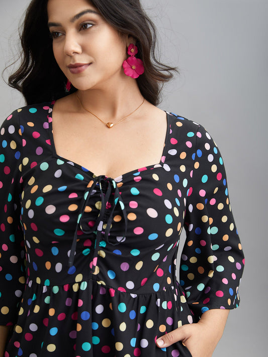 Multi-Color Dots Sweetheart Neckline Midi Dress