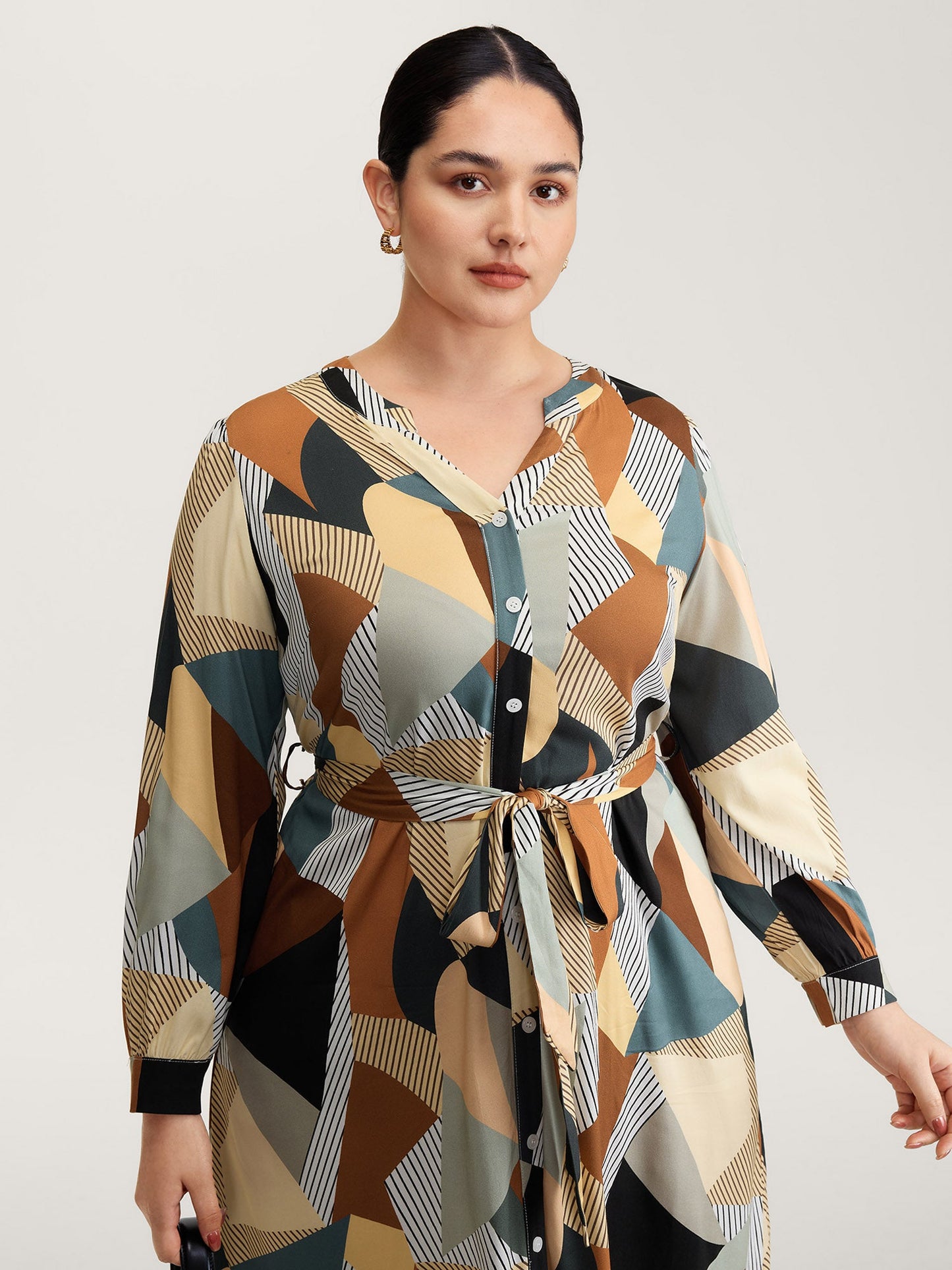 Geometric Print Contrast Tab Sleeve Midi Dress