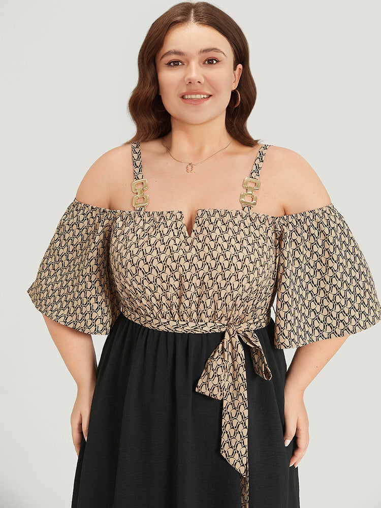 Geometric Patchwork Pocket Belted Cold Shoulder Dress