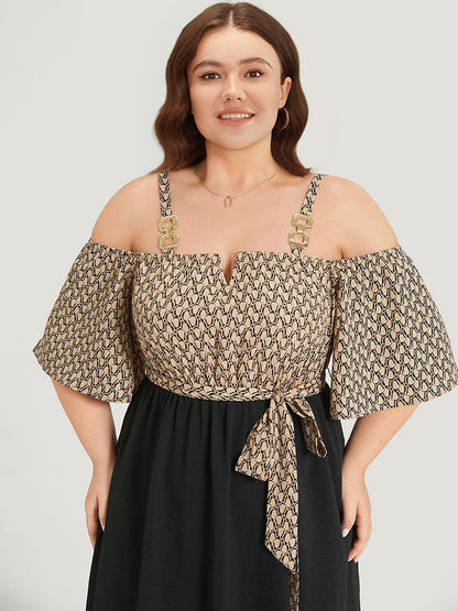 Geometric Patchwork Pocket Belted Cold Shoulder Dress
