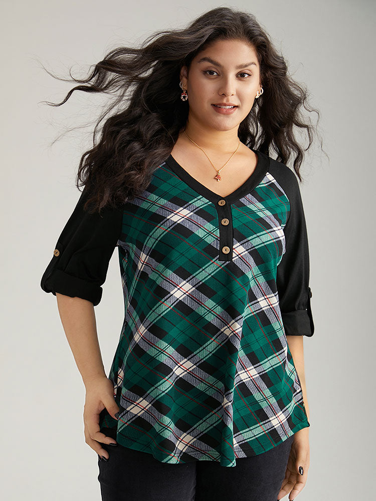 Plaid Contrast Roll Raglan Sleeve T-shirt
