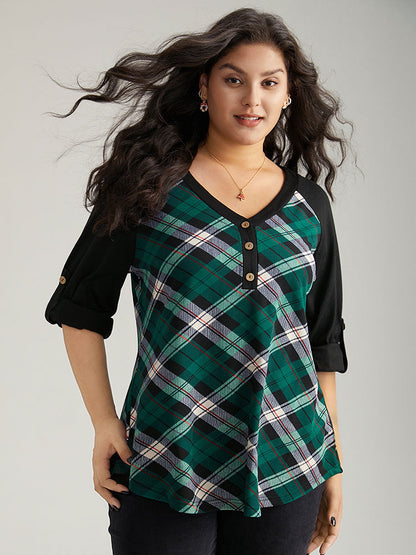 Plaid Contrast Roll Raglan Sleeve T-shirt