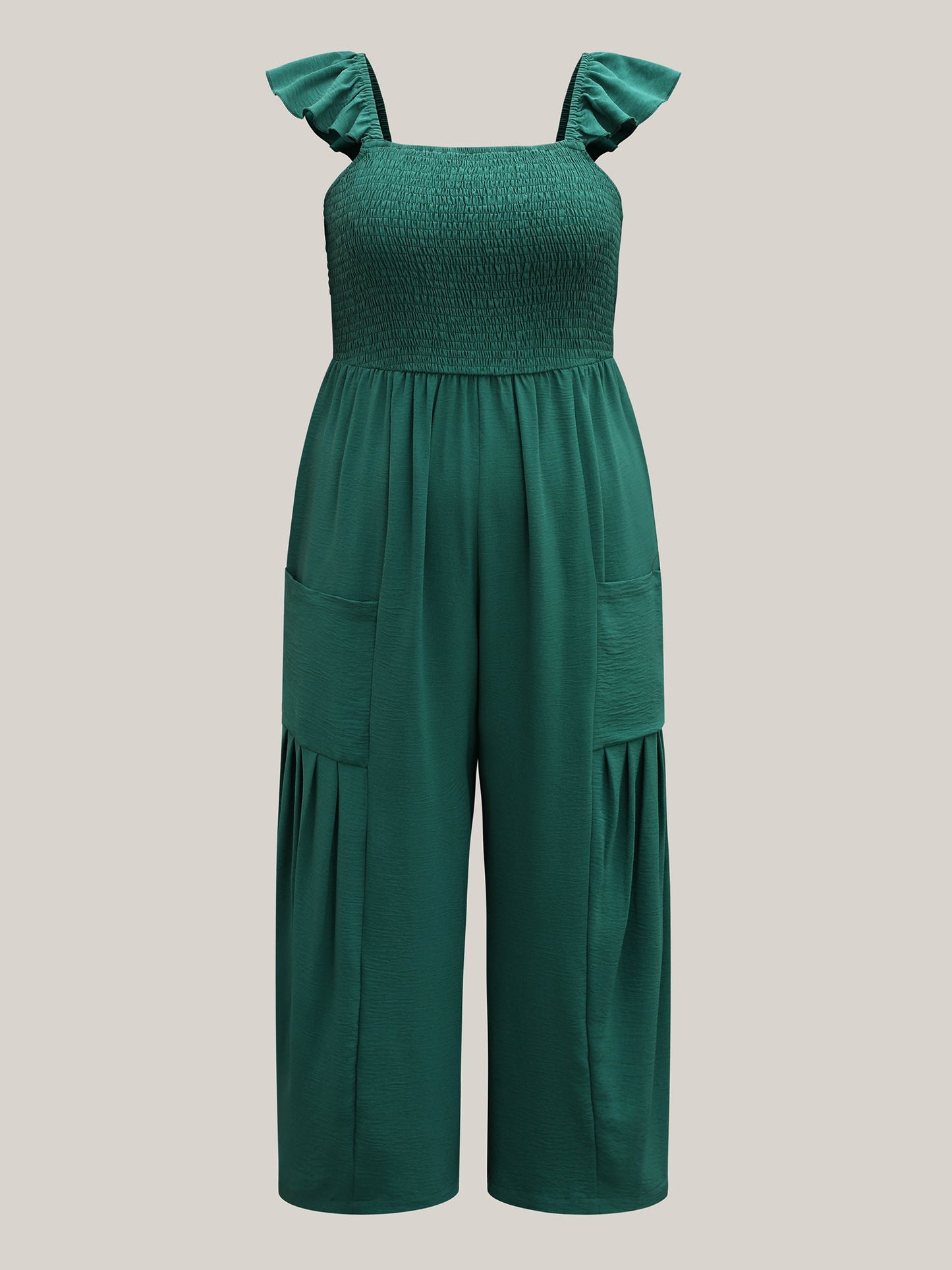 Shirred Ruffles Pockets Plain Jumpsuit