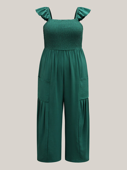 Shirred Ruffles Pockets Plain Jumpsuit