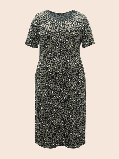 Round Neck Leopard Print Midi Dress