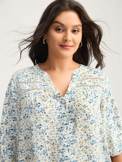 Floral Print Lace Trim Flowy Blouse