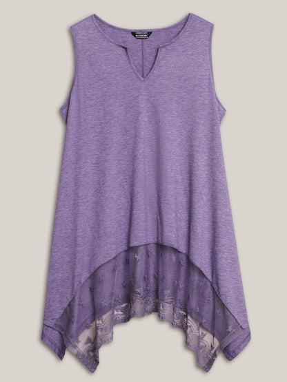 Notched Collar Sheer Lace Hi-Low Hem Vest