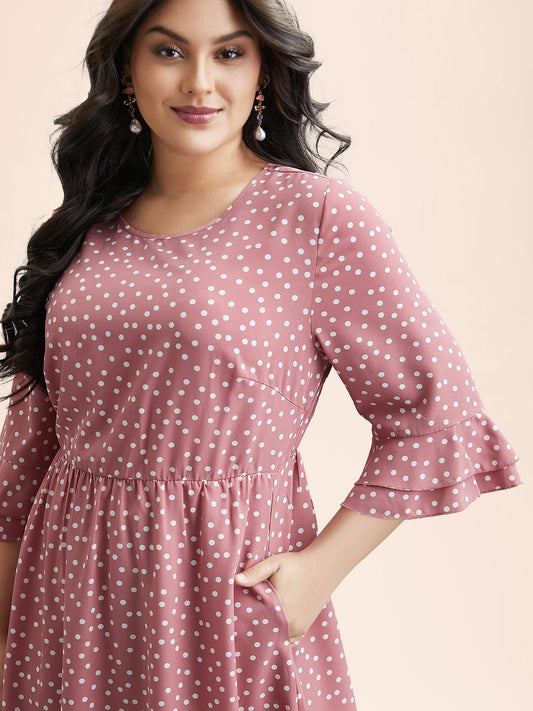 Polka Dot Print Tiered Ruffles Sleeve Midi Dress