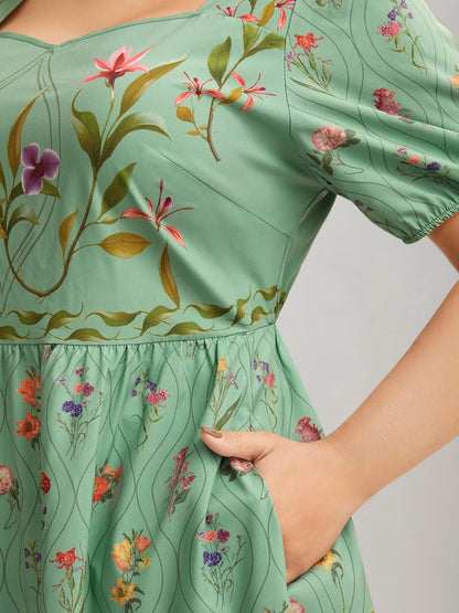 Garden Print Pockets Puff Sleeve Midi Dress