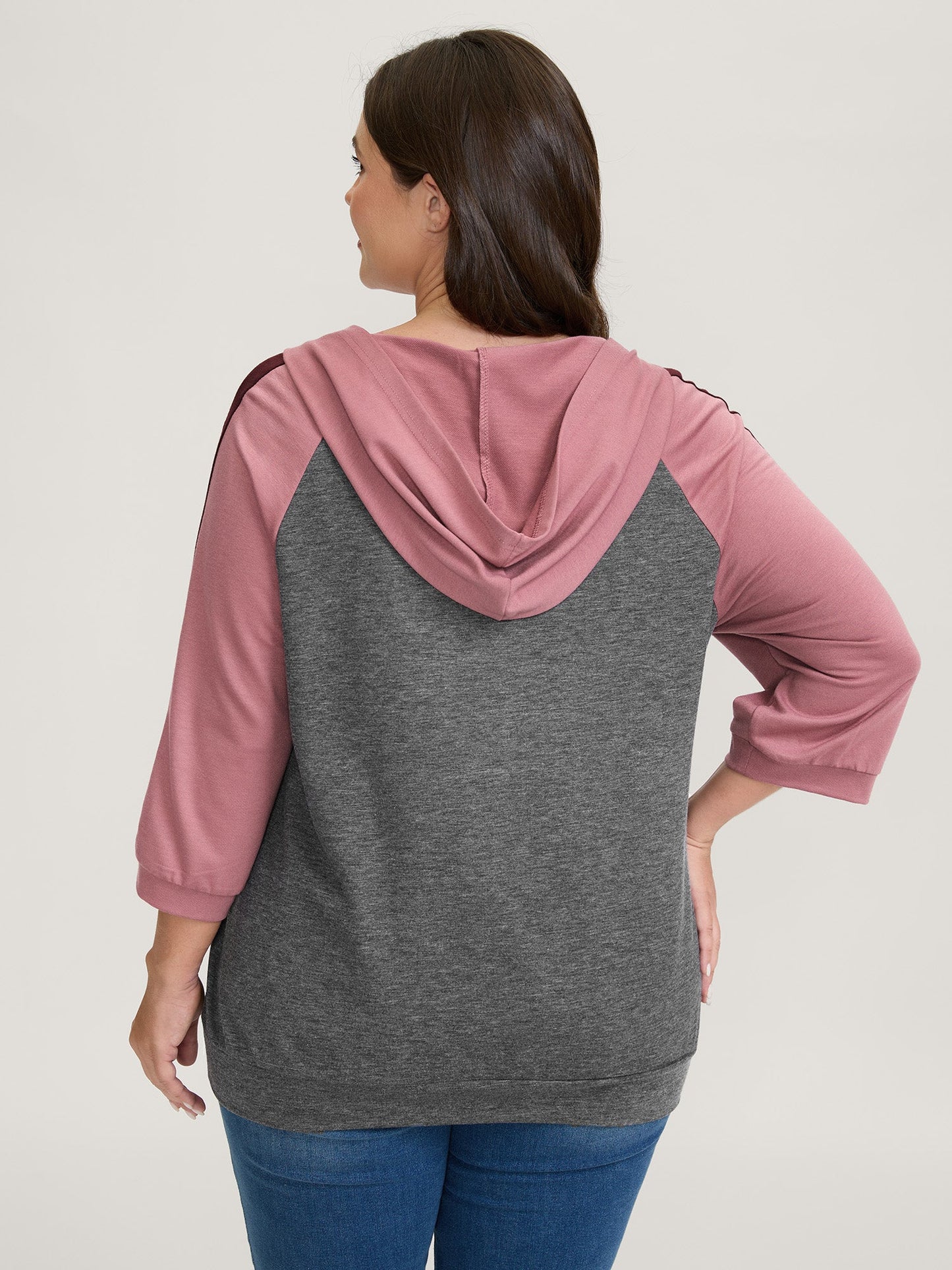 Color Contrast Spliced Stretchy Hem Hoodie