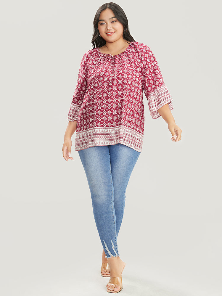 Floral Print Bell Sleeve Knotted Round Neck Blouse