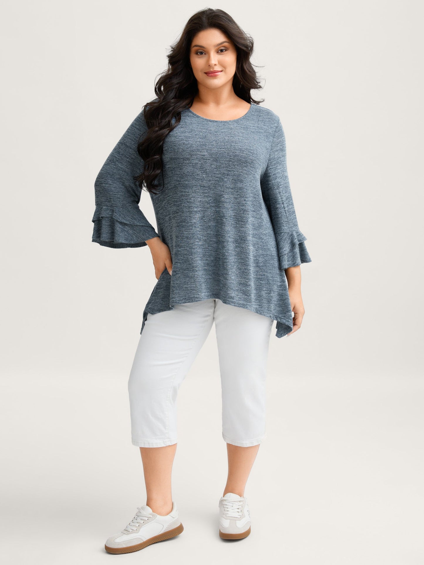 Stretchy Heather Layered Ruffle Sleeve T-Shirt