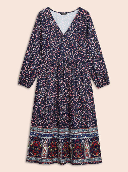 Boho Print Lantern Sleeve Midi Dress